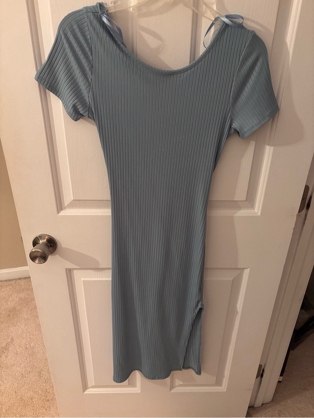 Ribbed Short Sleeve Midi Dress in Light Blue